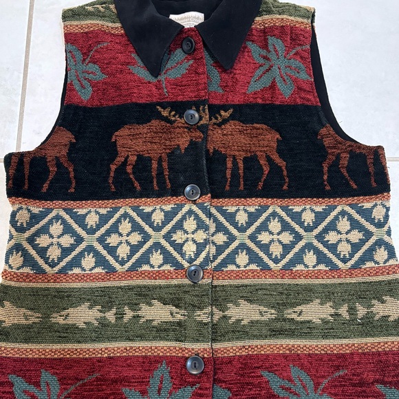 Coldwater Creek Tapestry Cabin Vest Vintage Moose Rustic Velvet Collar Medium - Picture 2 of 4